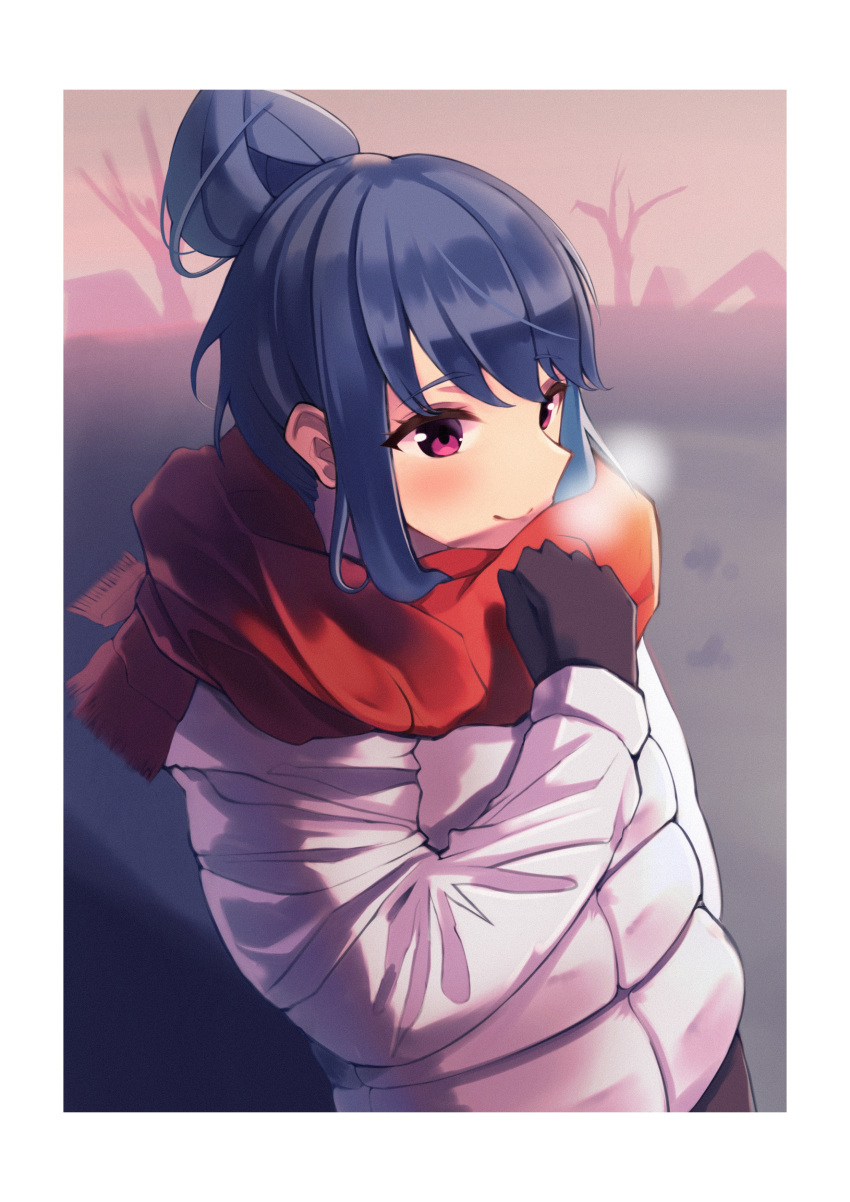 1girl absurdres bare_tree black_gloves black_pants blue_hair blush breath brown_eyes down_jacket gloves hair_behind_ear hair_bun hand_on_own_chest highres jacket looking_ahead pants red_scarf scarf sh1m4o shima_rin single_hair_bun smile solo tree upper_body white_jacket yurucamp