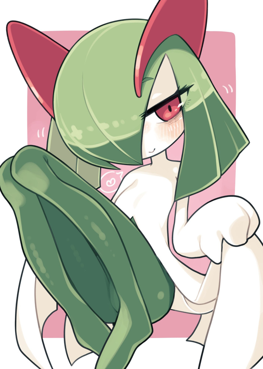 bags_under_eyes colored_skin green_hair hair_over_one_eye highres horns ino_(tellu0120) kirlia looking_at_viewer multicolored_skin pink_background pink_eyes pokemon pokemon_(creature) sidelocks simple_background smile two-tone_skin white_skin