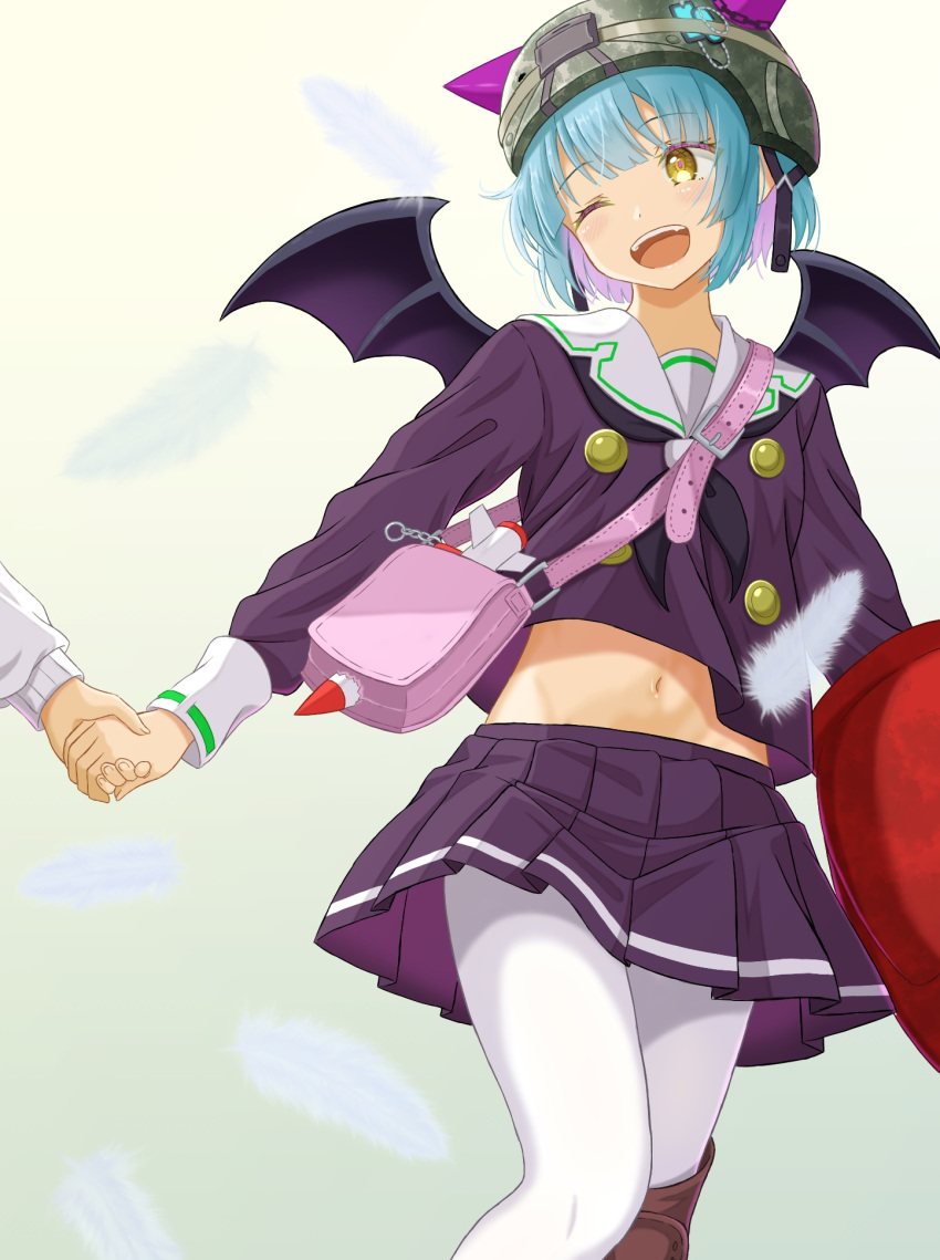 1girl 1other ;d bag bat_wings blue_hair blunt_bangs blush bright_pupils bungo_yayoi colored_eyelashes colored_inner_hair commentary crab_claw fake_horns fake_wings fang feet_out_of_frame handbag happy heaven_burns_red highres holding_hands horned_headwear horns long_sleeves looking_to_the_side miniskirt mochimugi_rice multicolored_hair navel one_eye_closed open_mouth pantyhose pink_bag pink_hair pleated_skirt purple_serafuku purple_shirt purple_skirt sailor_collar school_uniform serafuku shirt short_hair simple_background skirt smile solo_focus standing teeth tsurime upper_teeth_only white_pantyhose white_sailor_collar wings yellow_background yellow_eyes