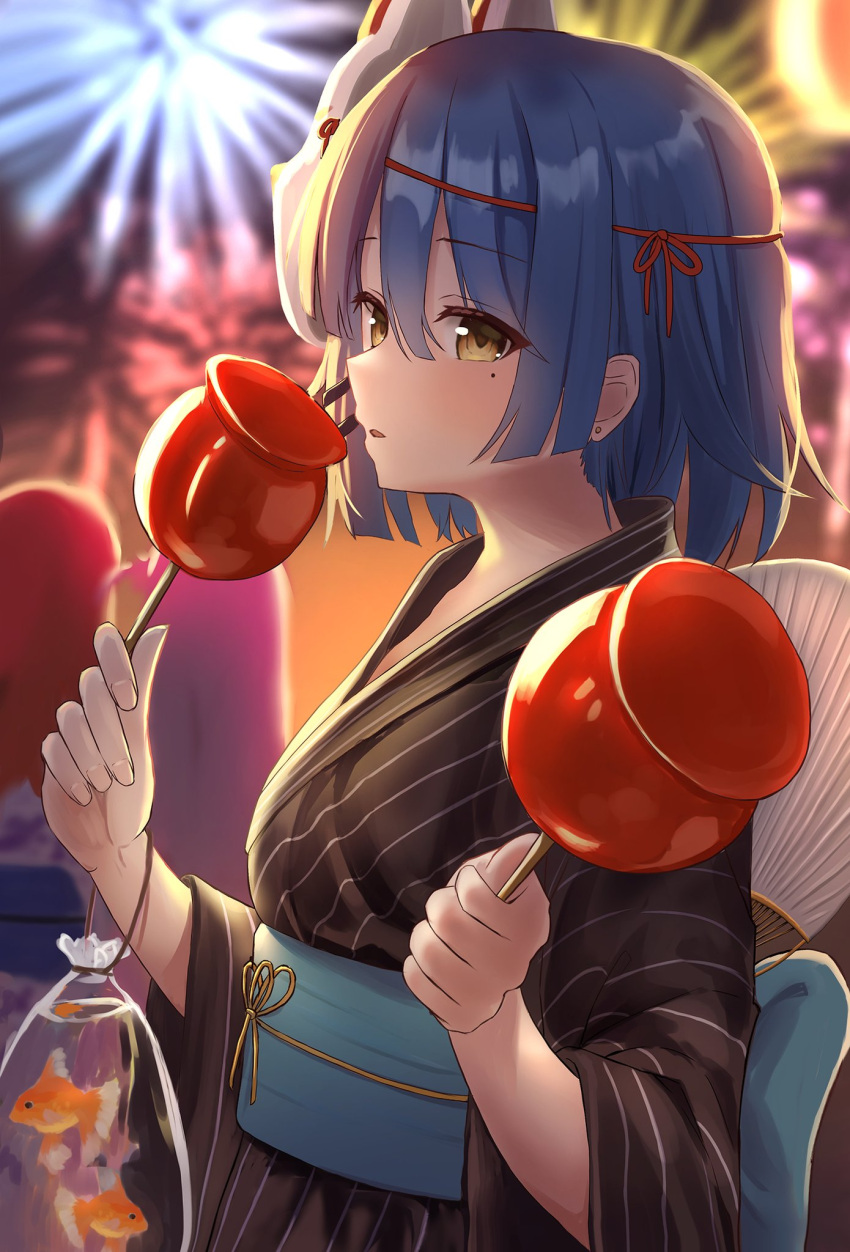 1girl aerial_fireworks bag bagged_fish black_kimono blue_bow blue_hair bocchi_the_rock! bow breasts candy_apple festival fireworks fish food fox_mask goldfish hair_ornament hand_fan highres japanese_clothes kimono kirinagi35 looking_at_viewer mask mask_on_head medium_breasts mole mole_under_eye open_mouth paper_fan solo striped_clothes striped_kimono summer_festival vertical-striped_clothes vertical-striped_kimono yamada_ryo yellow_eyes yukata