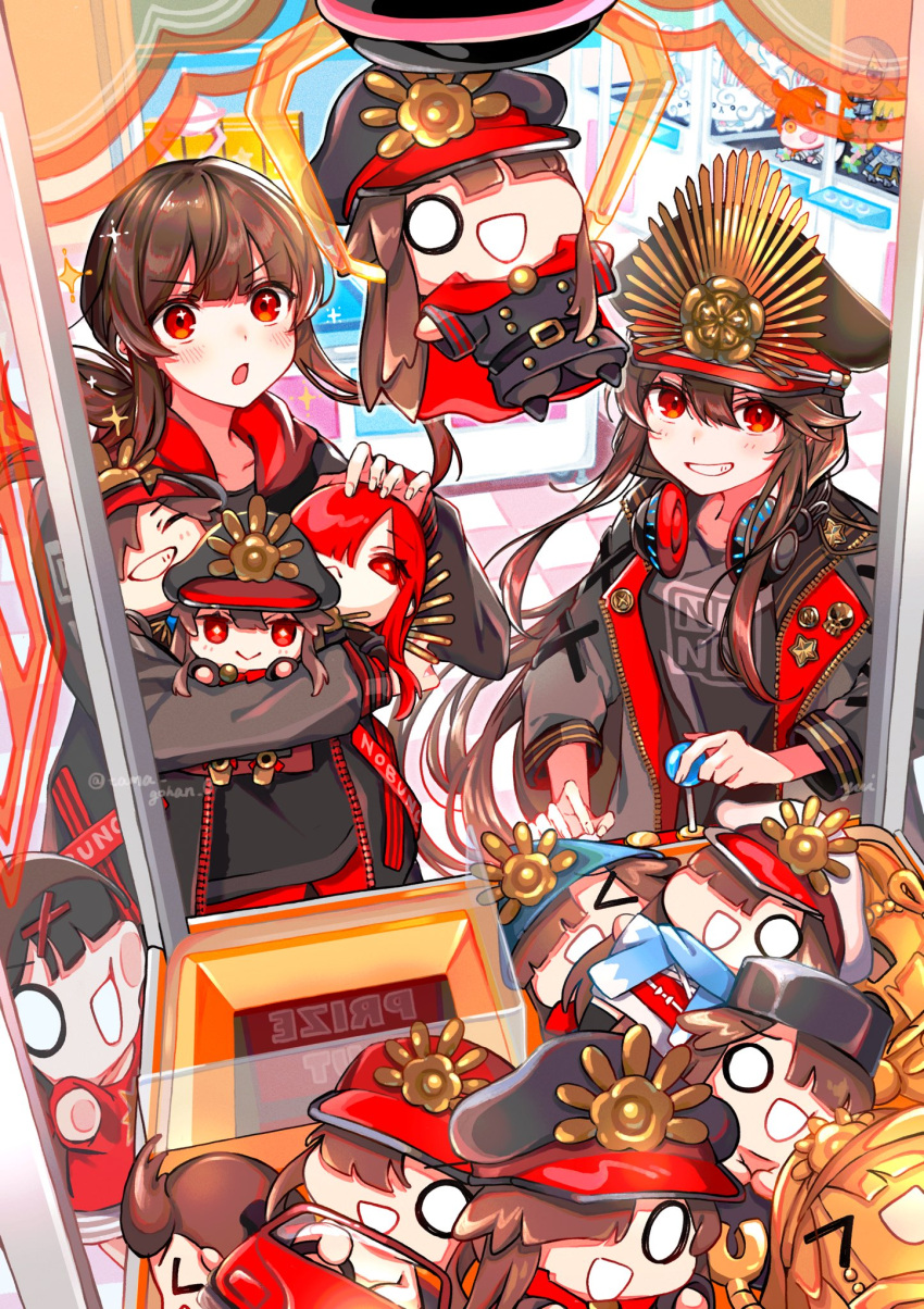 1boy 1girl alternate_costume arcade black_hair blush breasts chibi crane_game family_crest fate/grand_order fate_(series) hair_between_eyes hat headphones highres holding holding_stuffed_toy jacket japanese_clothes long_hair long_sleeves medium_breasts mini_nobu_(fate) oda_kippoushi_(fate) oda_nobukatsu_(fate) oda_nobunaga_(fate) oda_nobunaga_(maou_avenger)_(fate) oda_nobunaga_(swimsuit_berserker)_(fate) oda_uri peaked_cap red_eyes smile stuffed_toy yui_(tamagohan)