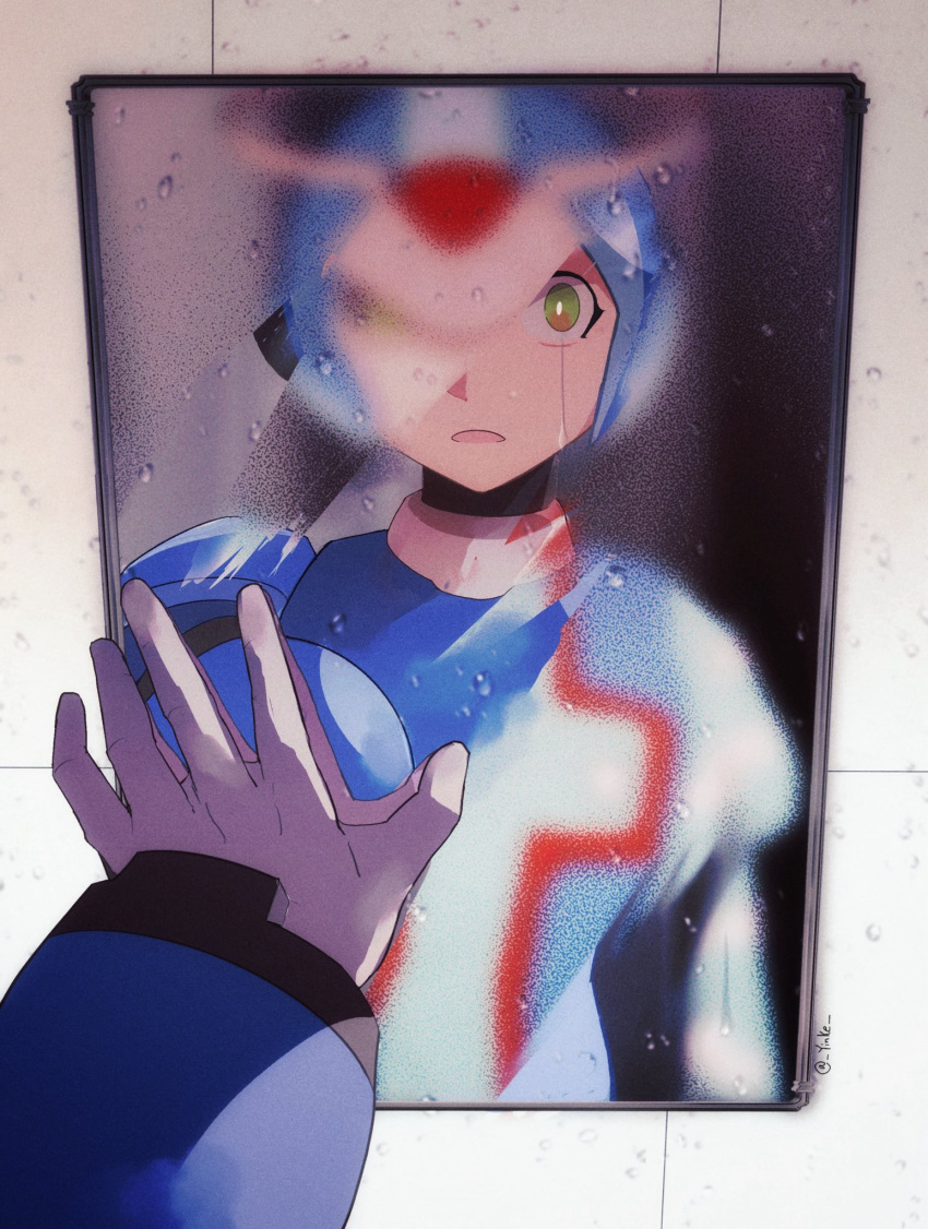 1boy armor blue_armor blue_helmet blue_robe condensation cyber_elf_x_(mega_man) forehead_jewel green_eyes hand_on_mirror highres looking_at_mirror mega_man_(series) mega_man_x_(series) mega_man_zero_(series) mirror mirror_image pov reflection robe solo twitter_username wide-eyed window_fog x_(mega_man) yinke