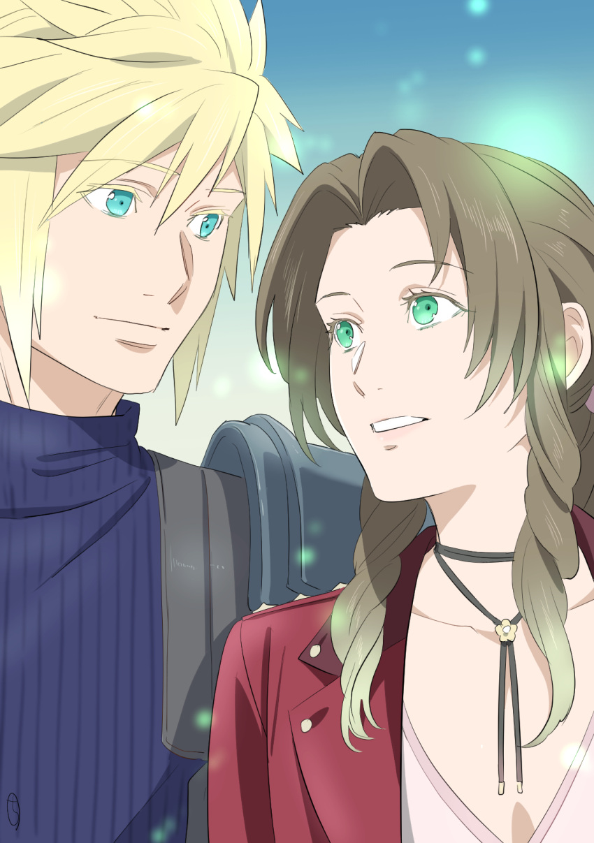 1boy 1girl aerith_gainsborough aqua_eyes armor blonde_hair blue_shirt breasts brown_hair choker cleavage closed_mouth cloud_strife dress final_fantasy final_fantasy_vii final_fantasy_vii_rebirth final_fantasy_vii_remake flower_choker green_eyes hair_between_eyes highres jacket kobayashi_chizuru long_hair looking_at_another medium_breasts parted_bangs parted_lips pink_dress red_jacket shirt short_hair shoulder_armor sidelocks sleeveless sleeveless_turtleneck spiked_hair suspenders turtleneck upper_body wavy_hair