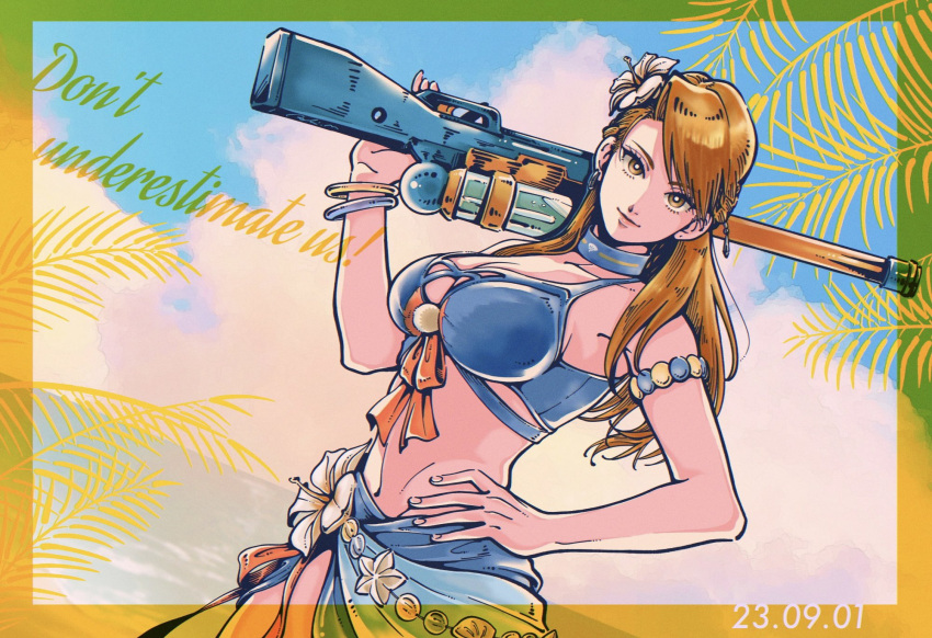 1girl 2023 armlet bikini blonde_hair blue_bikini bracelet commentary_request dated flower fullmetal_alchemist hair_behind_ear hair_flower hair_ornament hand_on_own_hip highres holding holding_water_gun jewelry kachohuugetsu long_hair ocean palm_tree riza_hawkeye side-tie_skirt sky solo swimsuit tree water_gun