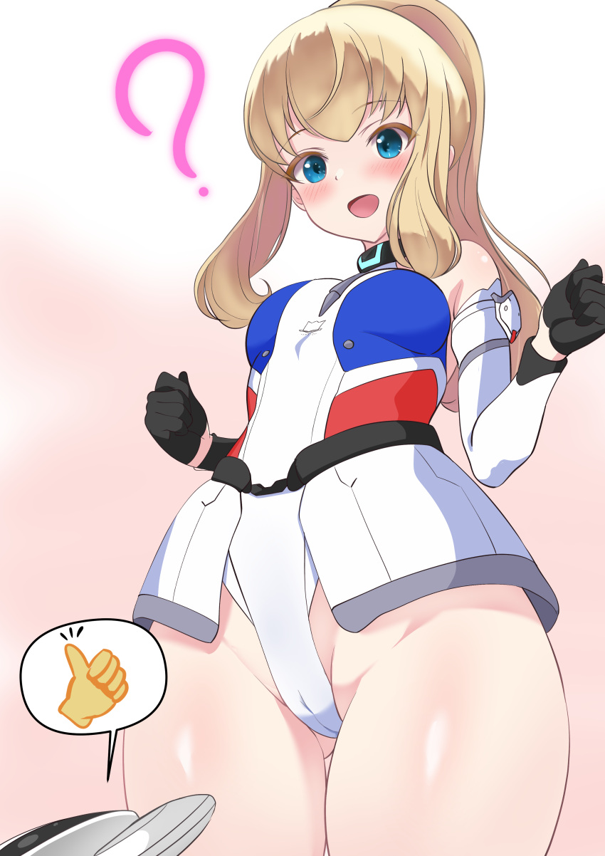 1girl absurdres alice_gear_aegis arukari8 ass_visible_through_thighs bare_shoulders blonde_hair blush breasts cameltoe detached_sleeves elbow_gloves gloves green_eyes groin highleg highleg_leotard highres leotard long_hair looking_at_viewer multicolored_leotard noelle_francesca open_mouth ponytail sidelocks smile solo standing thighhighs thighs