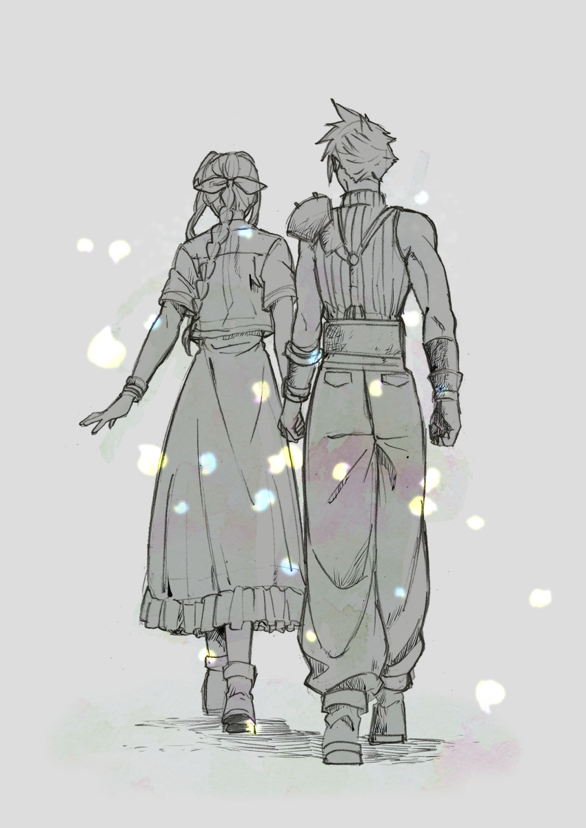 1boy 1girl absurdres aerith_gainsborough baggy_pants bangle boots bracelet braid braided_ponytail cloud_strife couple cropped_jacket dress facing_away final_fantasy final_fantasy_vii final_fantasy_vii_rebirth final_fantasy_vii_remake gloves grey_background greyscale hair_ribbon hetero highres holding holding_hands jewelry long_dress long_hair monochrome oishiioniku1129 outstretched_hand pants ribbon short_hair short_sleeves sidelocks single_braid single_shoulder_pad spiked_hair walking