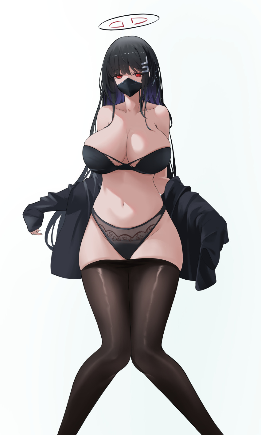 1girl absurdres black_bra black_hair black_pantyhose blue_archive bra breasts highres large_breasts ling_yi_de_lei_ke long_hair looking_at_viewer pantyhose red_eyes rio_(blue_archive) solo standing underwear