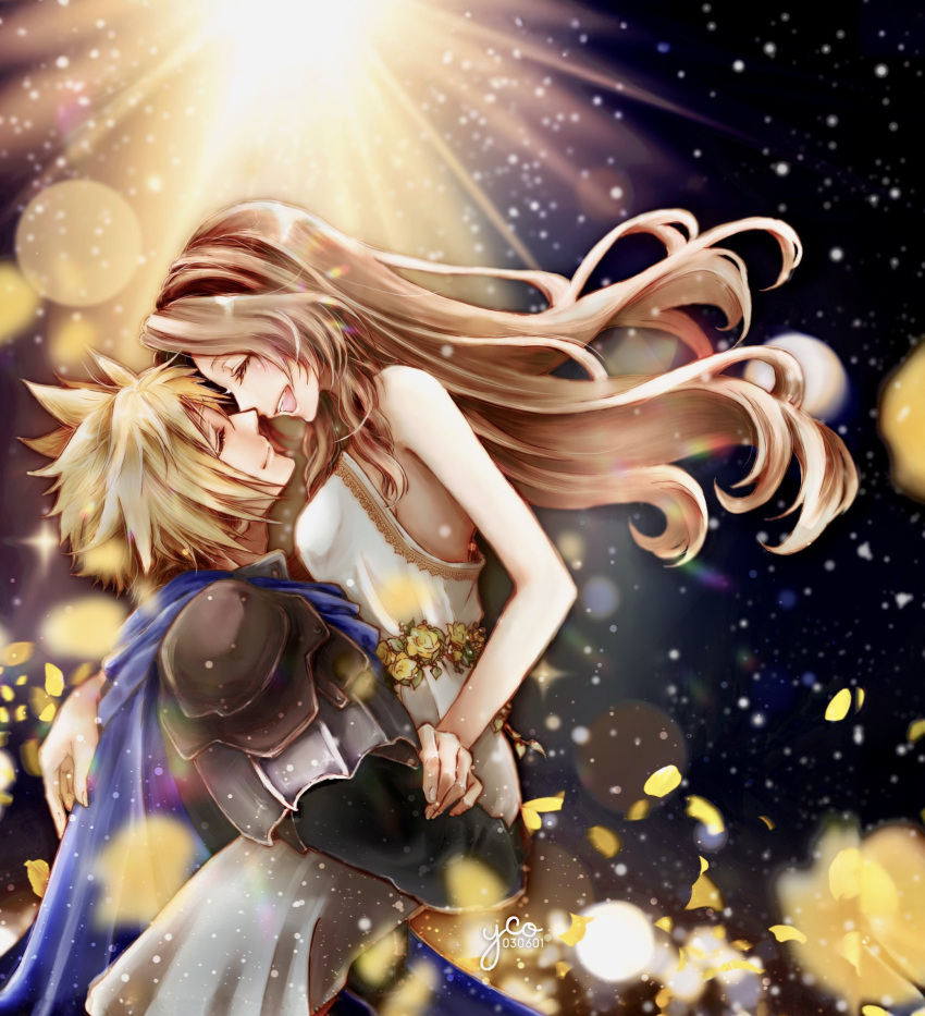 1boy 1girl aerith_gainsborough aerith_gainsborough_(white_floral_dress) arm_around_neck armor artist_name bare_arms bare_shoulders black_shirt blonde_hair blue_cloak breasts brown_hair cloak closed_eyes closed_mouth cloud_strife couple dress dress_flower falling_petals final_fantasy final_fantasy_vii final_fantasy_vii_rebirth final_fantasy_vii_remake flower gold_trim hair_between_eyes hetero highres imminent_kiss long_dress long_hair long_sleeves medium_breasts official_alternate_costume open_mouth parted_bangs petals rose shirt short_hair shoulder_armor sidelocks smile spiked_hair stage_lights strapless strapless_dress upper_body wavy_hair white_dress yco_030601 yellow_flower yellow_petals yellow_rose