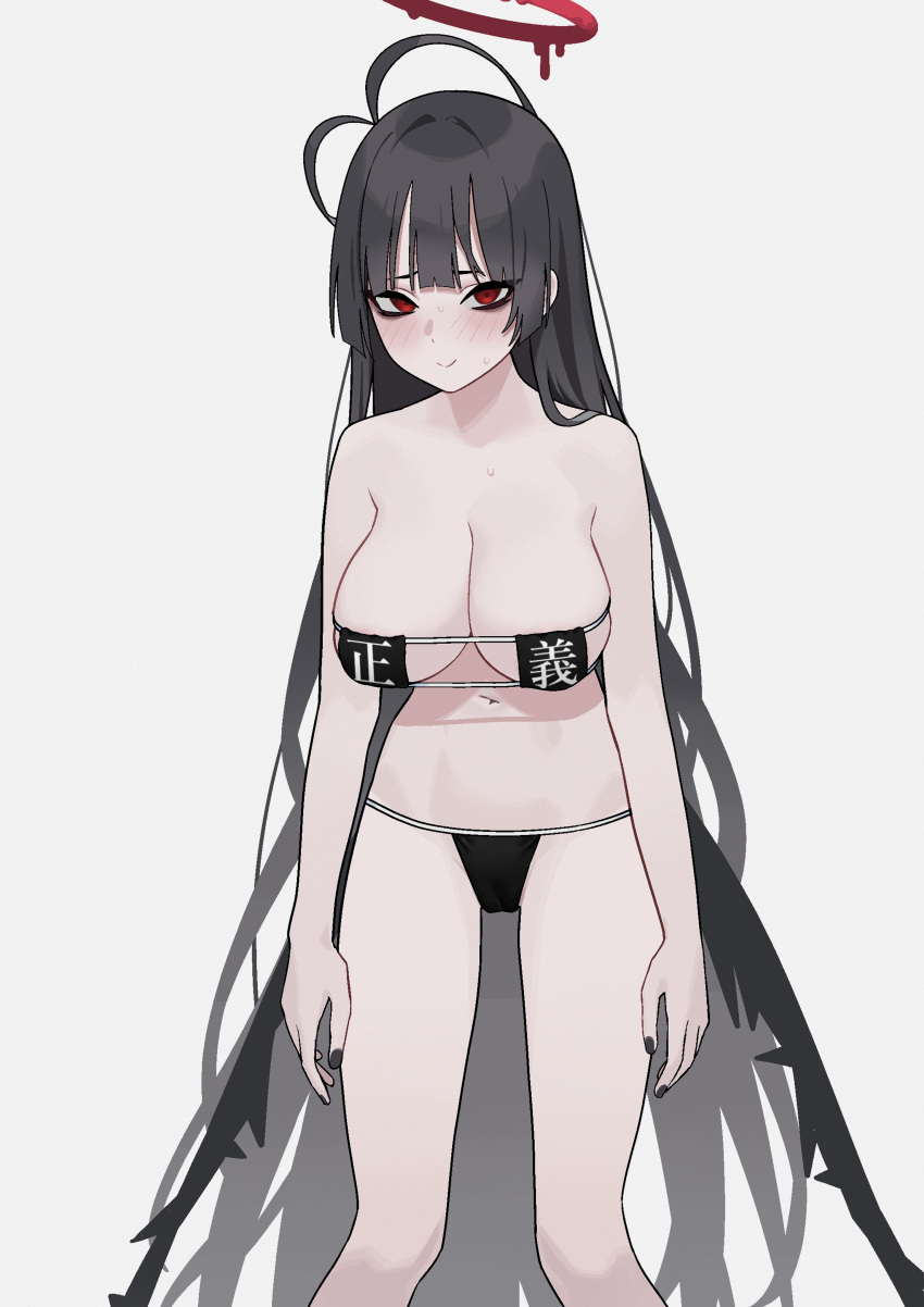 1girl absurdres antenna_hair bags_under_eyes bikini black_bikini black_hair black_wings blue_archive blush breasts eyepatch_bikini feet_out_of_frame fffukuzawa halo highres large_breasts long_hair looking_at_viewer navel pale_skin red_eyes simple_background smile solo stomach sweatdrop swimsuit thong_bikini tsurugi_(blue_archive) very_long_hair white_background wings