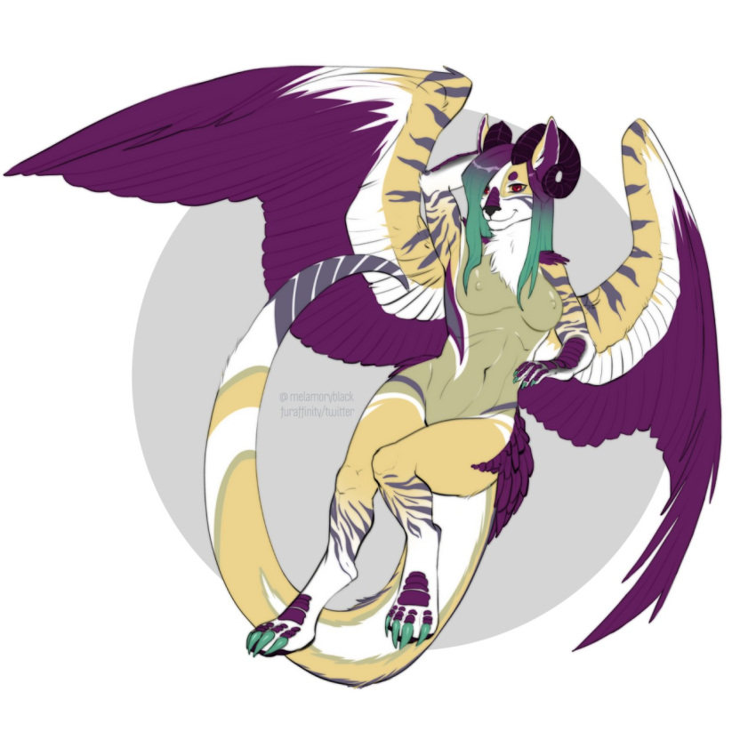 1:1 2020 4_toes 5_fingers anthro digital_media_(artwork) digitigrade dragon feathered_dragon feathered_wings feathers felid feline female fingers fur furred_dragon hi_res horn hybrid mammal melamoryblack purple_body purple_eyes purple_feathers solo toes wings