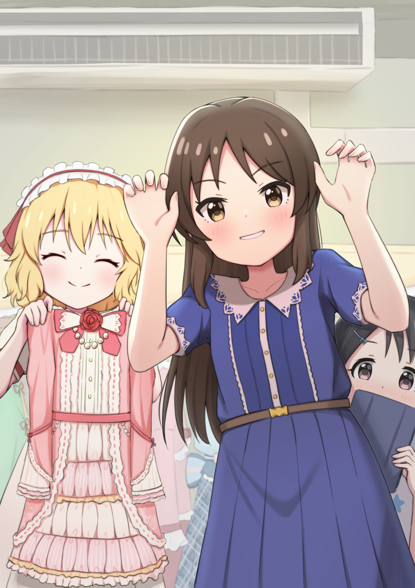 3girls ^_^ air_conditioner blonde_hair blue_dress blush brown_hair claw_pose closed_eyes commentary_request dress frilled_hairband frills hairband highres holding holding_clothes holding_dress holding_tablet_pc idolmaster idolmaster_cinderella_girls idolmaster_cinderella_girls_u149 indoors looking_at_viewer multiple_girls pov sakurai_momoka sasaki_chie short_sleeves smile surisuririsu tablet_pc tachibana_arisu unworn_dress