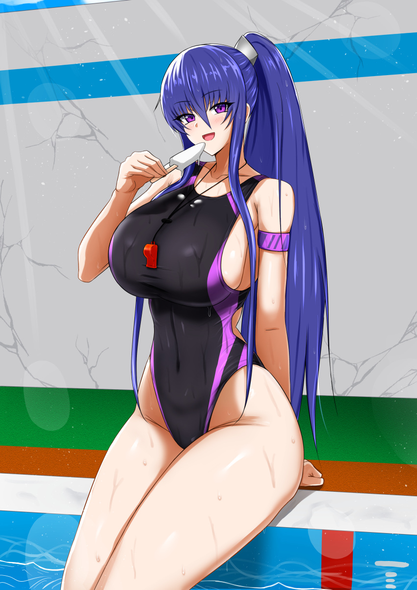 1girl absurdres akiyama_rinko black_one-piece_swimsuit blue_hair breasts commentary_request competition_swimsuit cowboy_shot food highleg highleg_swimsuit highres large_breasts long_hair looking_at_viewer one-piece_swimsuit ponytail pool popsicle purple_eyes rekka_(alo4610) soaking_feet solo swimsuit taimanin_(series) taimanin_yukikaze two-tone_swimsuit very_long_hair whistle whistle_around_neck