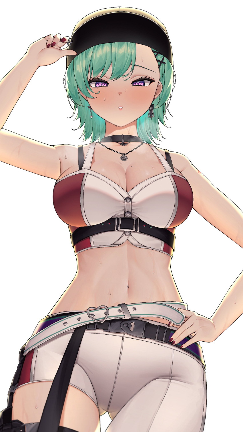 1girl :o absurdres amatou_(ko_me_9) asymmetrical_pants bare_shoulders baseball_cap belt black_belt black_choker black_hat blush bra_strap breasts bustier choker crop_top crotch_seam earrings green_hair hair_ornament hand_on_own_hip hat highres holster jewelry large_breasts looking_at_viewer loose_belt midriff mole mole_on_breast navel necklace nose_blush pierced_hat purple_eyes red_bustier red_nails shoulder_tattoo simple_background single_leg_pantyhose solo stomach sweat tattoo triangle_earrings underbust vspo! white_background white_belt white_bustier x_hair_ornament yakumo_beni yakumo_beni_(4th_costume)