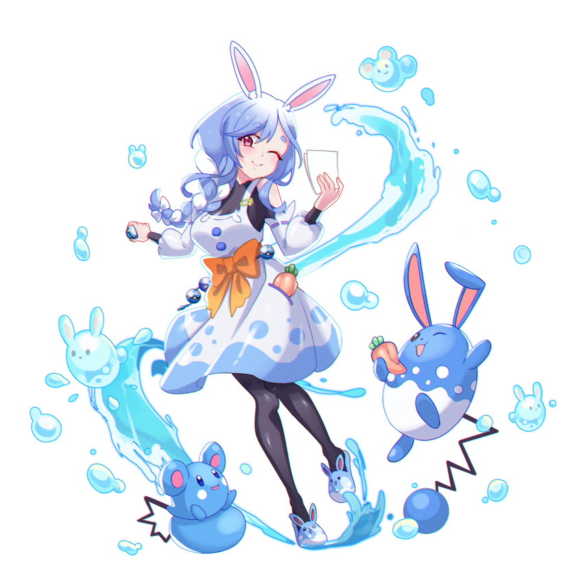 1girl absurdres animal_ear_fluff animal_ears apron ara_ara azumarill azurill black_pantyhose blue_hair blush bow braid braided_ponytail breasts carrot closed_mouth english_text highres holding holding_poke_ball hololive long_hair looking_at_viewer mature_female multicolored_hair one_eye_closed orange_bow pantyhose pekomama poke_ball pokemon pokemon_(creature) rabbit_ears rabbit_girl red_eyes rhymewithray short_eyebrows simple_background smile solo speech_bubble tail thick_eyebrows virtual_youtuber water white_apron white_hair