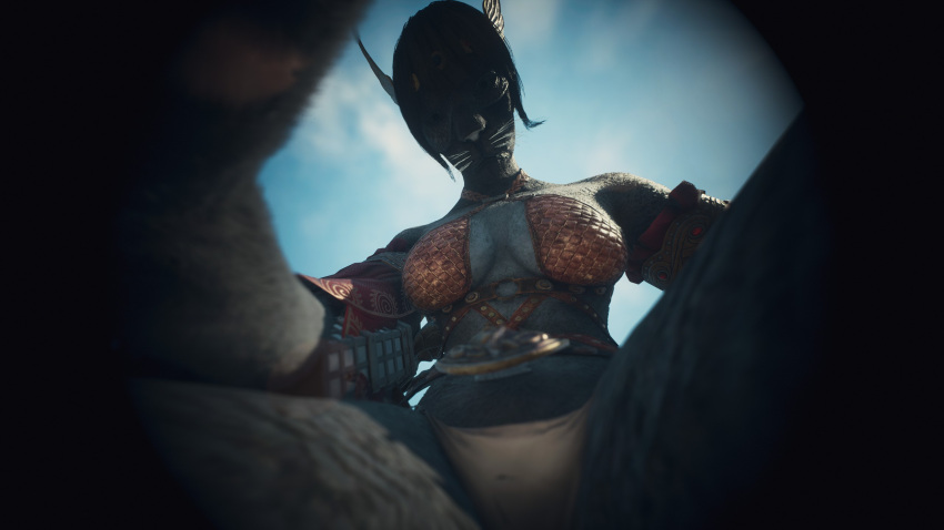 andromorph anthro beastren breasts capcom clothed clothing dominant dominant_female dragon's_dogma duo felid feline female fgfgfgec first_person_view hi_res humanoid intersex looking_at_viewer low-angle_view mammal worm's-eye_view