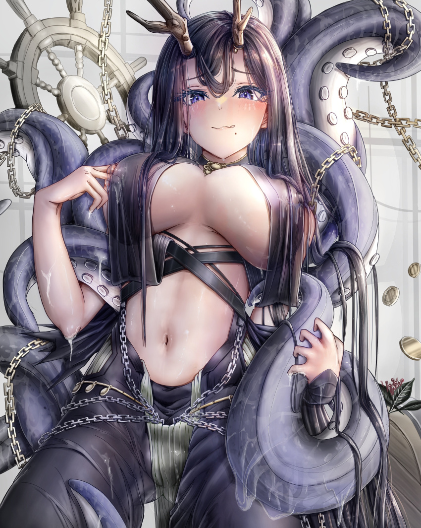 absurdres azur_lane black_dress black_hair breasts chain commander_kei dress golden_hind_(azur_lane) highres horns large_breasts looking_down lovely_ang_k purple_eyes stomach tentacles