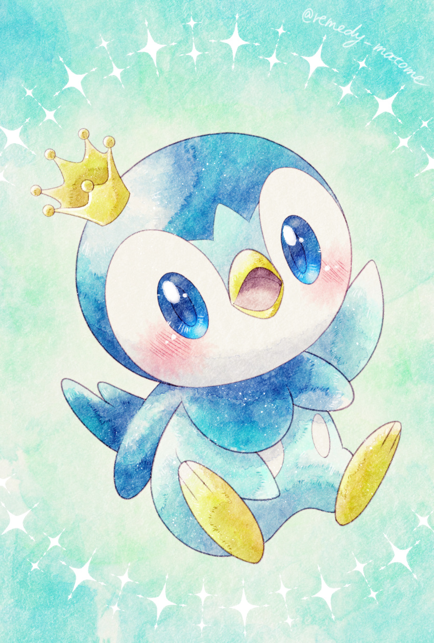 blue_eyes blush commentary_request crown full_body green_background happy highres mini_crown no_humans open_mouth piplup pokemon pokemon_(creature) remedy_matome sitting solo