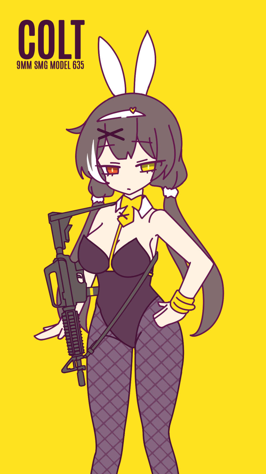 1girl animal_ears bare_shoulders black_hair breasts detached_collar english_text fishnet_pantyhose fishnets girls'_frontline gun hair_ornament hairclip hand_on_own_hip heterochromia highres long_hair looking_at_viewer necktie pantyhose playboy_bunny rabbit_ears rabbit_hole_(vocaloid) red_eyes ro635_(girls'_frontline) simple_background snafu_(snafy_snu) solo twintails weapon white_hair yellow_background yellow_eyes