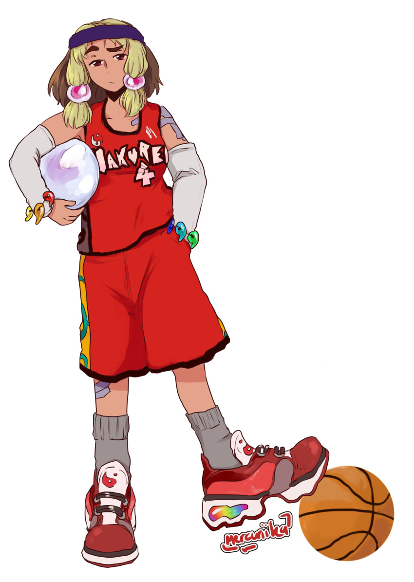 1girl absurdres alternate_costume artist_name ball bandaid bandaid_on_arm bandaid_on_leg basketball_(object) basketball_uniform blonde_hair blue_headband brown_eyes brown_hair carrying carrying_under_arm closed_mouth detached_sleeves english_commentary full_body grey_socks hand_in_pocket headband highres holding holding_ball looking_at_viewer magatama medium_hair mercuriika multicolored_hair rainbow_gradient raised_eyebrow red_footwear red_shirt red_shorts shirt shoes shorts sidelocks sleeveless sleeveless_shirt sneakers socks solo sportswear standing tamatsukuri_misumaru thick_eyebrows touhou two-tone_hair white_background white_sleeves yin_yang yin_yang_print