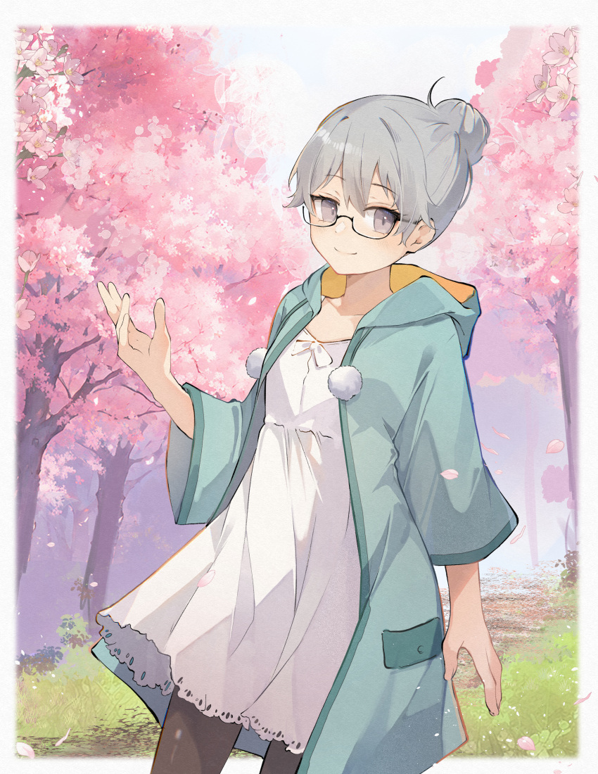 1girl absurdres alternate_hairstyle artist_request black-framed_eyewear blush cherry_blossoms closed_mouth commission drawstring falling_petals glasses green_jacket grey_eyes grey_hair hair_bun hand_up highres hood hood_down hooded_jacket jacket looking_at_viewer monogatari_(series) oikura_sodachi open_clothes open_jacket owarimonogatari petals semi-rimless_eyewear short_hair single_hair_bun sleeves_past_elbows smile solo tree under-rim_eyewear