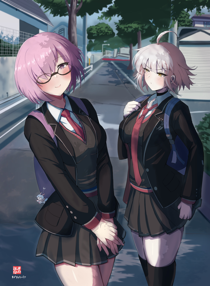 2girls absurdres ahoge blush breasts fate/grand_order fate_(series) glasses grey_hair hair_over_one_eye highres iron_samurai jeanne_d'arc_alter_(avenger)_(fate) jeanne_d'arc_alter_(fate) large_breasts long_sleeves looking_at_viewer looking_to_the_side mash_kyrielight multiple_girls pink_hair purple_eyes school_uniform short_hair skirt smile yellow_eyes