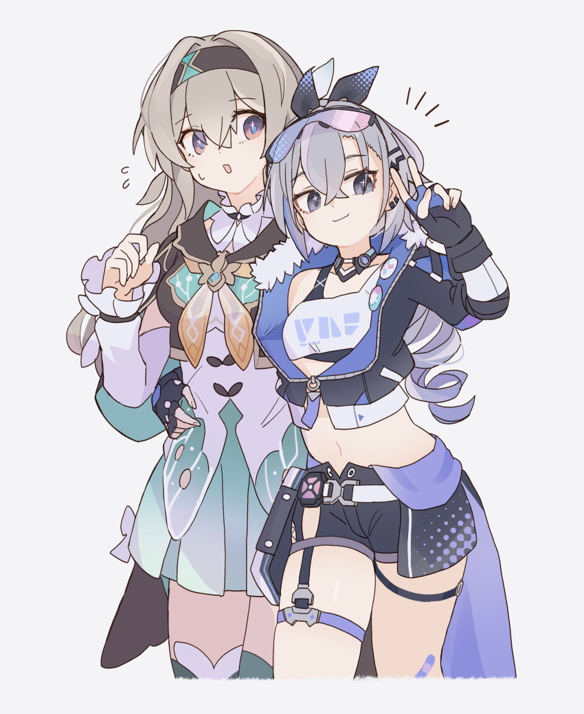 2girls absurdres aqua_skirt black_gloves black_hairband black_jacket black_shorts choker commentary_request cowboy_shot crop_top eyewear_on_head firefly_(honkai:_star_rail) gloves grey_background grey_eyes grey_hair hairband highres honkai:_star_rail honkai_(series) jacket long_hair long_sleeves looking_at_viewer midriff miniskirt multiple_girls navel open_mouth origami_gyokuo purple_eyes shirt short_shorts shorts silver_wolf_(honkai:_star_rail) simple_background skirt standing stomach sunglasses thigh_strap thighs white_shirt