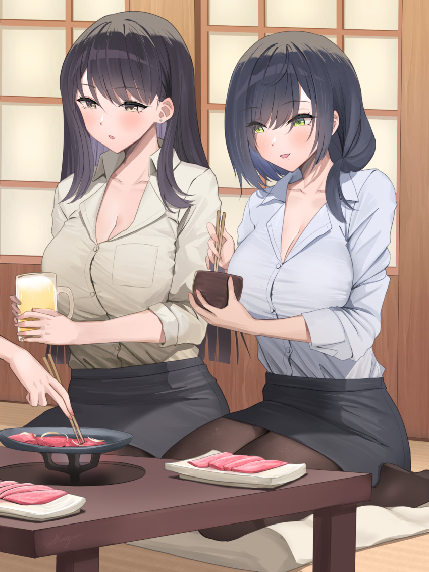 1other 2girls alcohol beer black_hair black_pantyhose black_skirt blush breast_pocket breasts chopsticks cleavage collarbone collared_shirt commentary_request earrings food green_eyes highres holding holding_chopsticks indoors jewelry kneeling large_breasts long_hair long_sleeves meat mole mole_under_mouth multiple_girls office_lady open_mouth original pantyhose pocket shirt shirt_tucked_in shougun_(chuckni1) skirt smile stud_earrings table white_shirt yellow_shirt