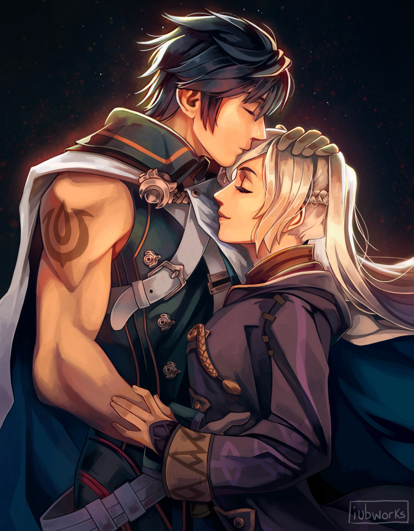 1boy 1girl absurdres arm_tattoo ayuuniiart biceps blue_hair cape chrom_(fire_emblem) closed_eyes coat couple dark_background fire_emblem fire_emblem_awakening gloves hand_on_another's_head highres kiss kissing_forehead robin_(fire_emblem) single_sleeve strap tattoo twintails white_hair