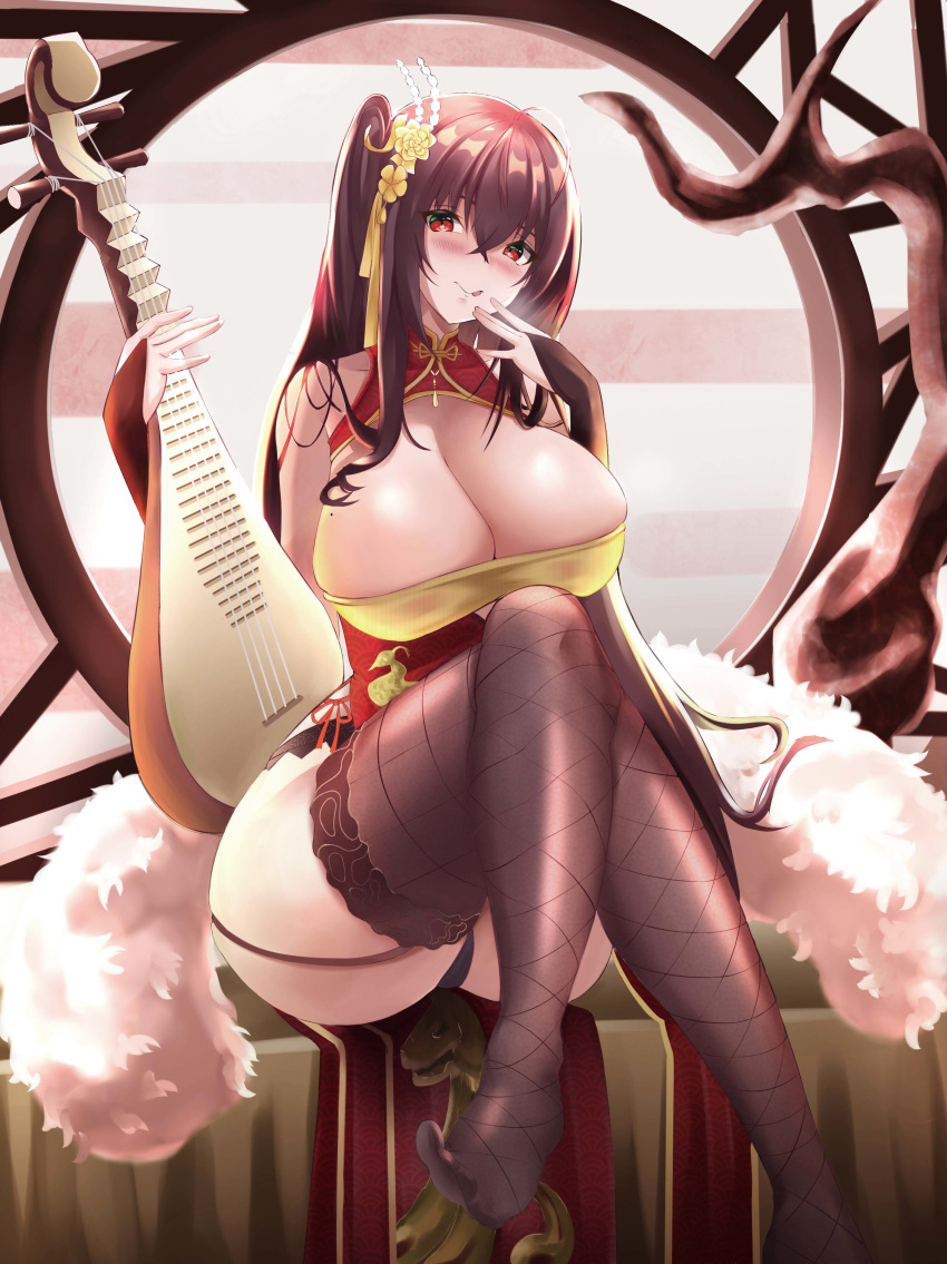 1girl absurdres ahoge azur_lane bangs bare_shoulders black_hair black_legwear blush breasts bridal_gauntlets china_dress chinese_clothes cleavage cleavage_cutout closed_mouth crossed_bangs crossed_legs cutout_above_navel dress feather_boa fishnet_legwear fishnets garter_straps hair_between_eyes hair_ornament highres hk94 huge_breasts legs licking_lips long_hair looking_at_viewer one_side_up pipa_(instrument) red_dress red_eyes sitting smile solo taihou_(azur_lane) taihou_(phoenix's_spring_song)_(azur_lane) thighhighs tongue tongue_out