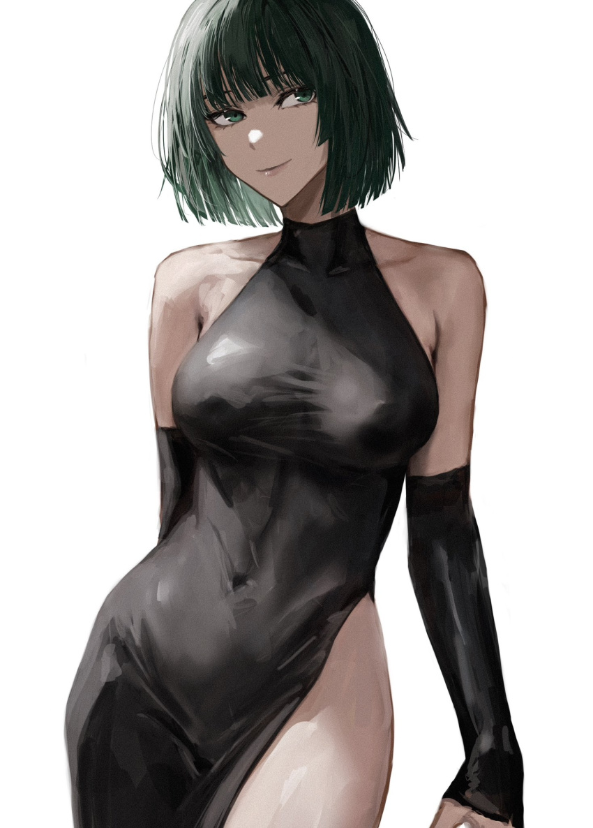 1girl alternate_costume bare_shoulders black_dress black_sleeves breasts covered_navel covered_nipples detached_sleeves dress english_commentary fubuki_(one-punch_man) green_eyes green_hair highres large_breasts looking_to_the_side one-punch_man pelvic_curtain raberu_ruru short_hair side_slit sleeveless sleeveless_dress sleeves_past_wrists smile solo white_background