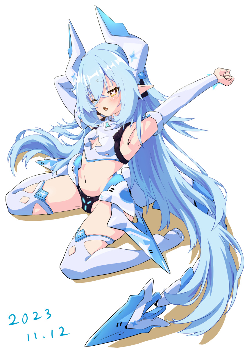 1girl armpits blue_hair breasts character_request copyright_request crop_top detached_sleeves headgear highres long_hair mechanical_tail navel one_eye_closed papiyon1297 pointy_ears simple_background sitting small_breasts solo stretching symbol-shaped_pupils tail thighhighs very_long_hair wariza white_background white_thighhighs x-shaped_pupils yawning yellow_eyes