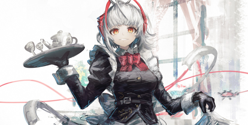 1girl arknights black_gloves black_shirt bow breasts collared_shirt commentary curtains dress_shirt franlol gloves highres holding holding_tray juliet_sleeves long_sleeves looking_at_viewer medium_breasts puffy_sleeves red_bow red_eyes shirt smile solo teapot tray upper_body w_(arknights) white_hair window