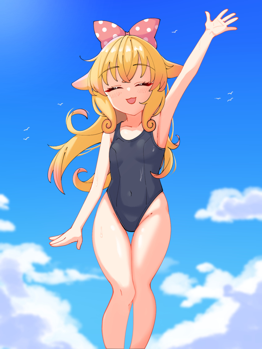 1girl artist_request bare_arms bare_legs blonde_hair blue_one-piece_swimsuit blue_sky bow breasts closed_eyes cloud commentary covered_navel feet_out_of_frame gradient_hair hair_bow hair_flaps highres idol_corp long_hair momo_otako multicolored_hair one-piece_swimsuit open_mouth orange_hair polka_dot polka_dot_bow school_swimsuit sidelocks simple_bird sky small_breasts solo standing swimsuit two-tone_hair very_long_hair virtual_youtuber water_drop waving