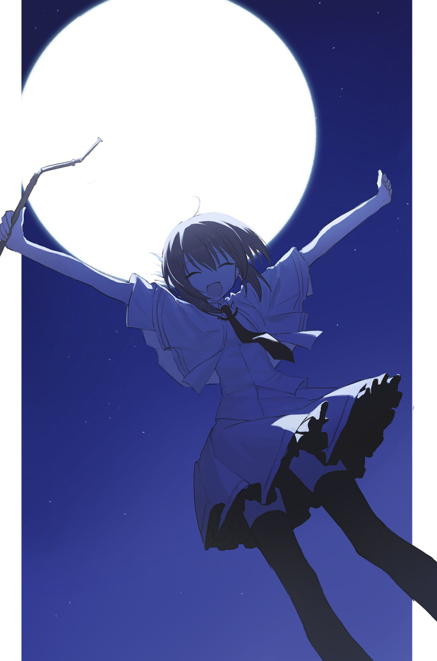 1girl arms_up backlighting black_thighhighs blue_sky broken brown_hair capelet closed_eyes commentary facing_viewer fang feet_out_of_frame folded_ponytail full_moon hai_(haihki) highres holding holding_pointer looking_at_viewer moon moonlight necktie night open_mouth outside_border pillarboxed pointer red_necktie shirt short_hair short_sleeves skin_fang skirt sky smile solo star_(sky) subarashiki_hibi symbol-only_commentary tachibana_kimika thighhighs white_capelet white_shirt white_skirt