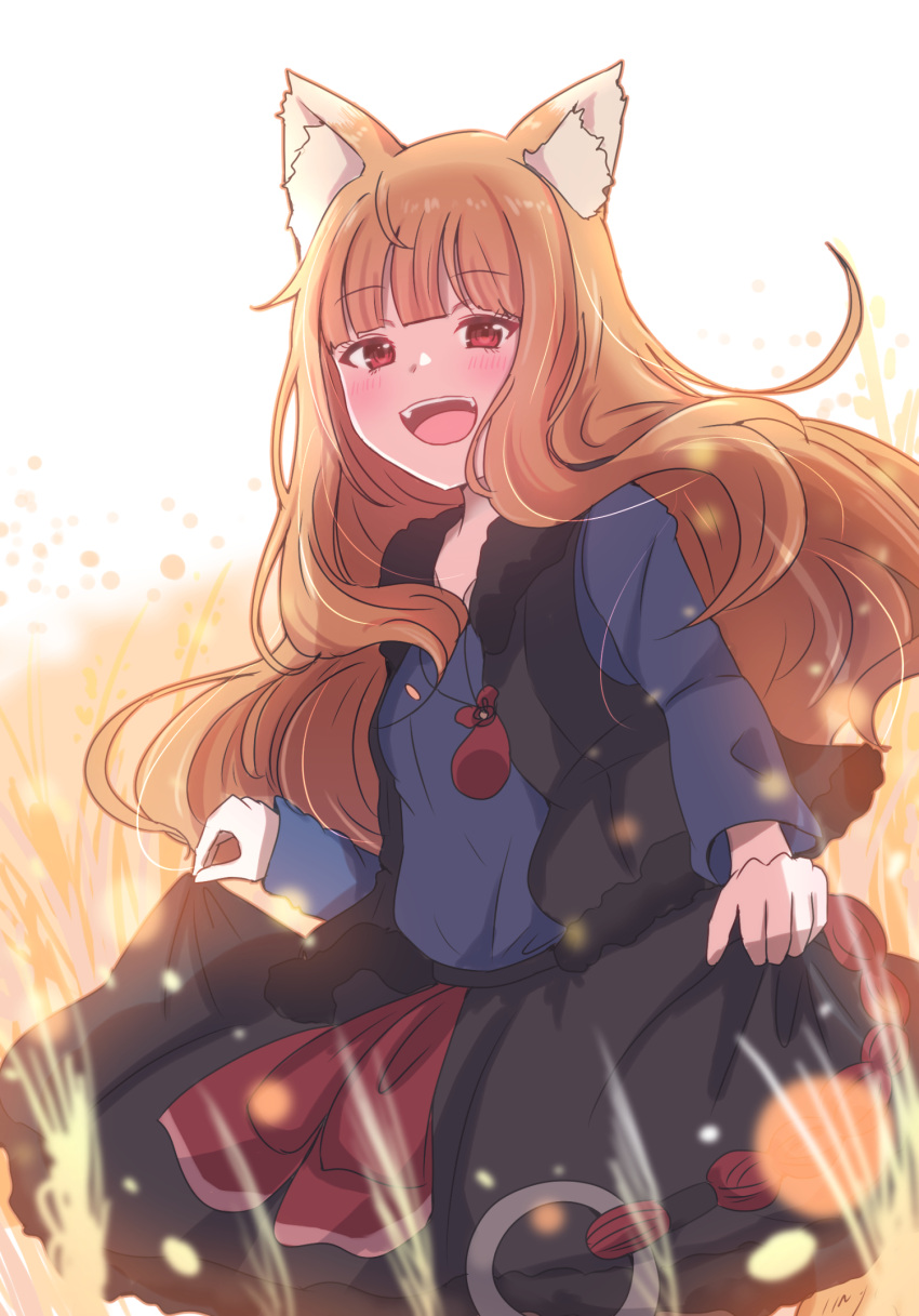 1girl animal_ear_fluff animal_ears blush dot_nose fangs fur-trimmed_skirt fur-trimmed_vest fur_trim giorgio_(yo_sumire_sola1) hair_over_shoulder happy highres holo light_brown_hair long_hair long_sleeves looking_at_viewer open_clothes open_mouth open_vest outdoors red_eyes shirt skirt smile solo spice_and_wolf straight_hair teeth very_long_hair vest wheat wheat_field wolf_ears wolf_girl