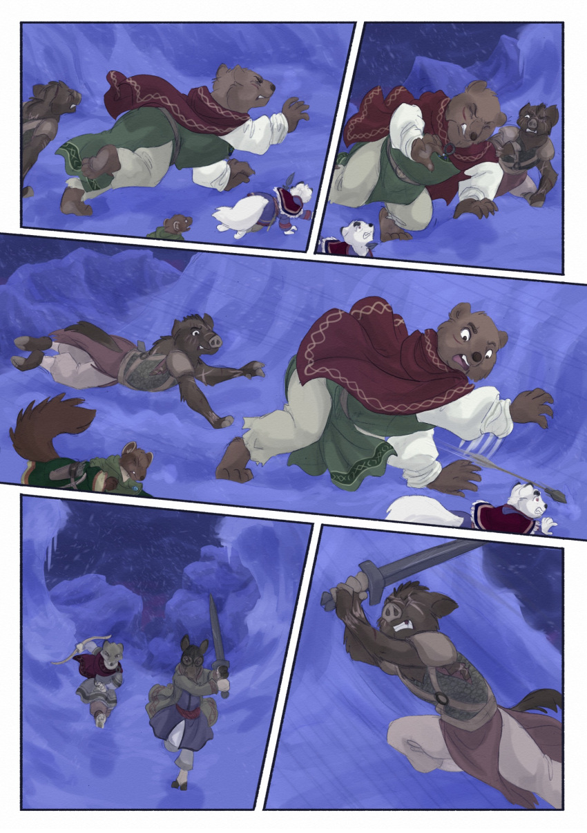 2024 absurd_res ambiguous_gender anthro arctic_fox armor arrow_(weapon) bear biped bjekkergauken bow_(weapon) brown_bear brown_body brown_fur canid canine canis clothed clothing colored comic deer female fight fingers fox fur group gulonine headgear helmet herja_(bjekkergauken) hi_res hillevi larger_anthro larger_female male mammal marten moose mustelid musteline new_world_deer outside pine_marten ranged_weapon scar shirin_(bjekkergauken) size_difference smaller_anthro snow snowing suid suina sus_(pig) tail true_fox unni_(bjekkergauken) ursine weapon white_body white_fur white_tail wild_boar wolf