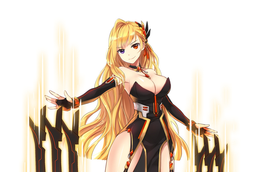 1girl bare_shoulders black_choker black_dress black_gloves blonde_hair breasts choker cleavage closed_mouth cowboy_shot dot_nose dress elbow_gloves game_cg gloves gnoass_(master_of_eternity) gold_bracelet hair_ornament heterochromia large_breasts long_hair looking_at_viewer low_neckline master_of_eternity multiple_swords non-web_source official_art orange_gemstone pelvic_curtain purple_eyes red_eyes simple_background smile solo strapless strapless_dress transparent_background very_long_hair