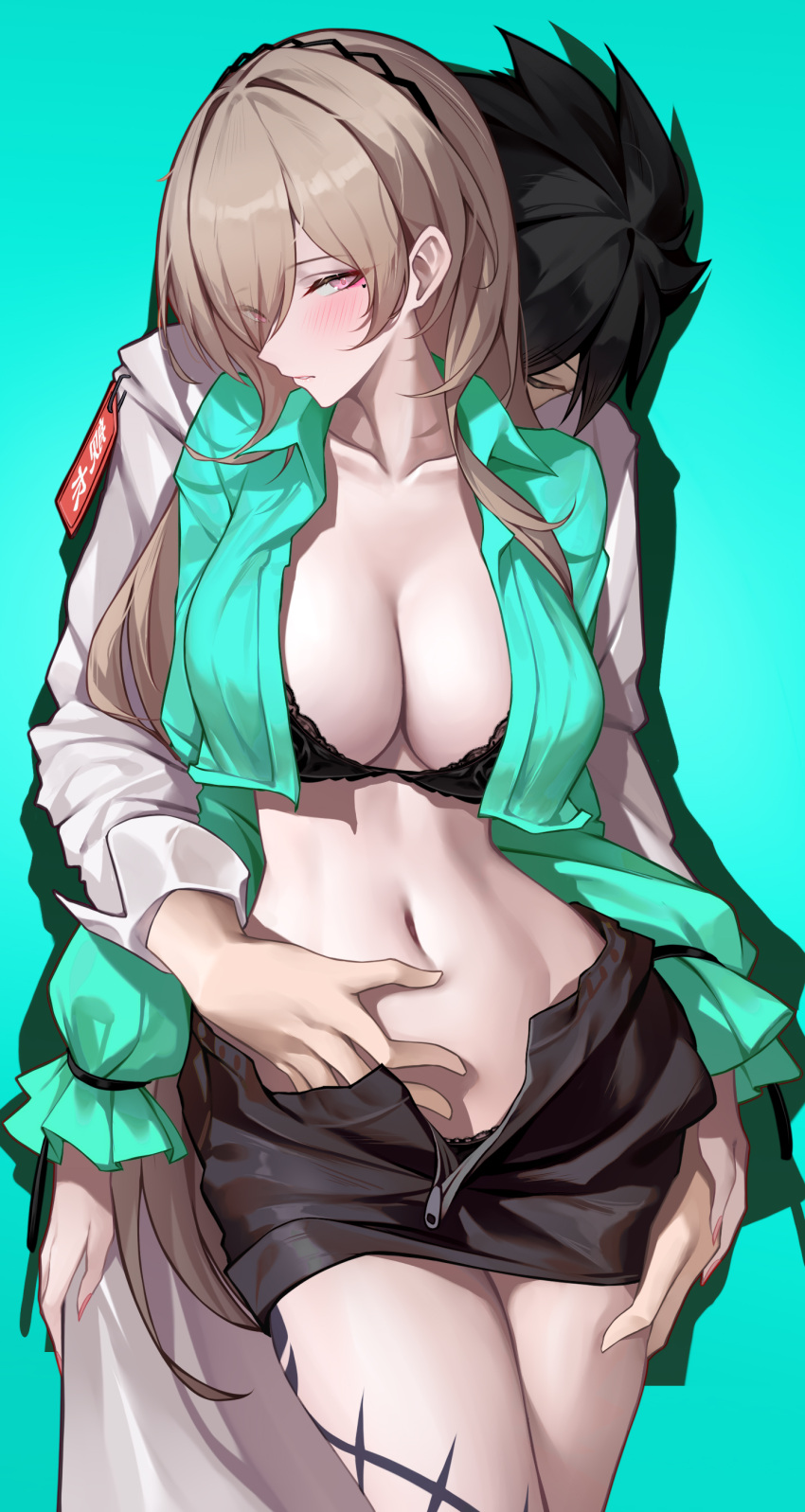 1boy 1girl absurdres black_bra black_hair black_panties black_skirt blush bra breasts brown_hair cleavage closed_mouth collarbone collared_shirt cowboy_shot green_background green_shirt hetero highres honkai_(series) honkai_impact_3rd large_breasts long_hair long_sleeves looking_at_viewer navel open_clothes open_shirt panties purple_eyes rita_rossweisse ruo_zhishi_chu_jian shirt simple_background skirt solo_focus stomach thighs underwear