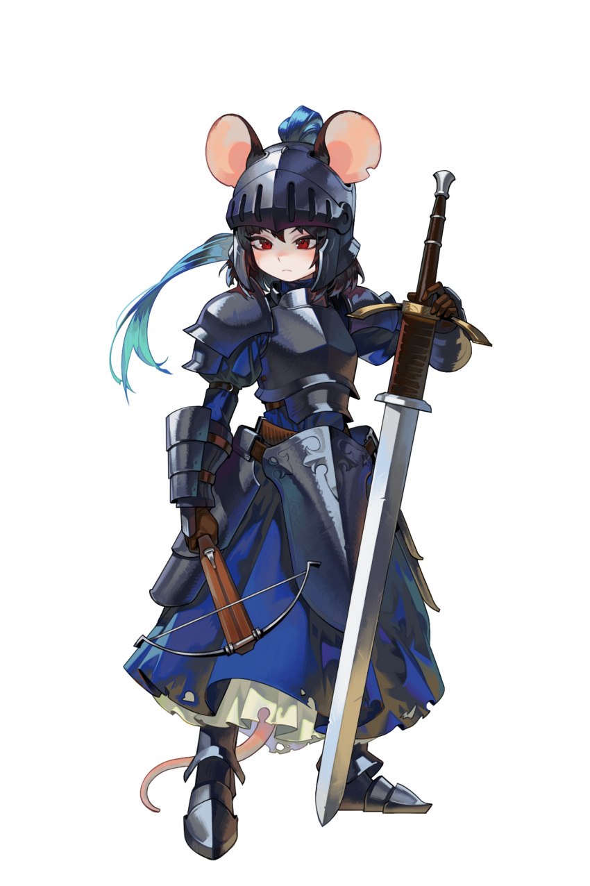 1girl animal_ears armor armored_dress black_hair blue_hair crossbow dress faulds gauntlets gemi_ningen greatsword hair_through_headwear hands_on_hilt helmet highres holding holding_crossbow holding_weapon long_hair looking_at_viewer mouse_ears mouse_girl mouse_tail original ponytail ratkin_(rimworld) red_eyes rimworld solo sword tail weapon zweihander