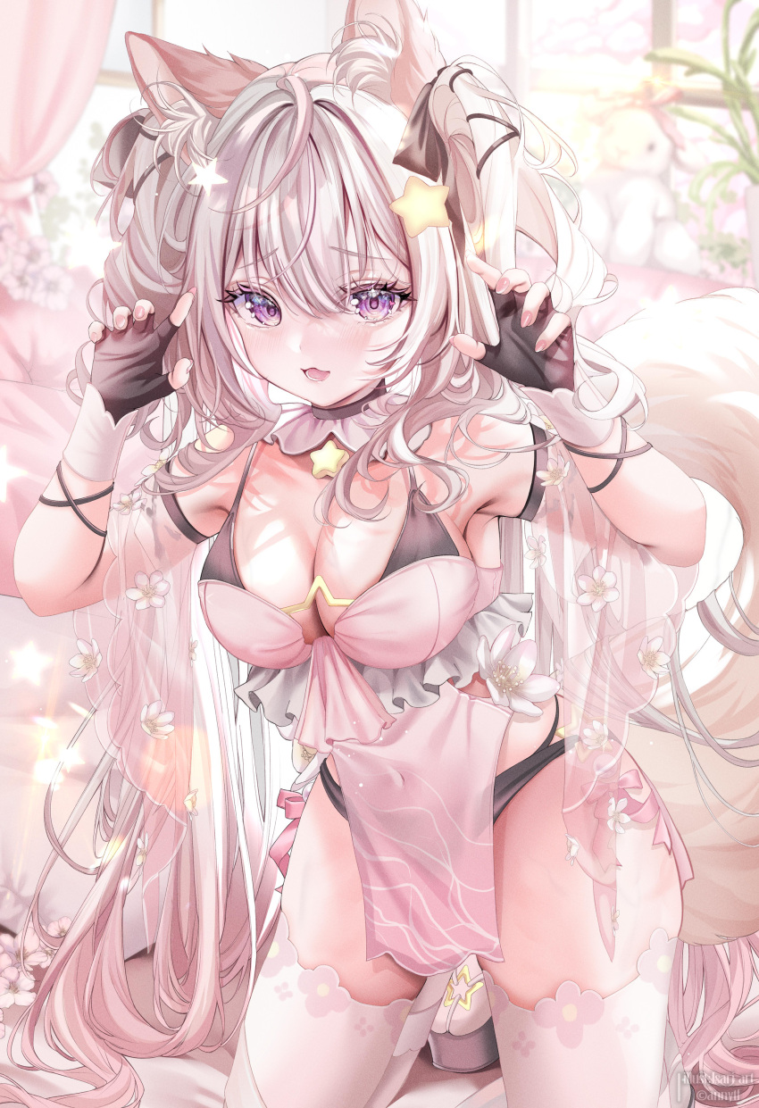 1girl absurdres animal_ears annytf armpits arms_up bare_shoulders black_choker black_gloves black_panties breasts choker cleavage covered_navel detached_sleeves dress fingerless_gloves fox_ears fox_girl fox_tail gloves gradient_hair highres indie_virtual_youtuber isari_sensei kneeling large_breasts long_hair looking_at_viewer multi-strapped_panties multicolored_hair open_mouth panties pelvic_curtain pink_dress purple_eyes see-through see-through_sleeves short_dress sleeveless sleeveless_dress smile solo strap_gap string_panties tail thighhighs thighs two_side_up underwear very_long_hair virtual_youtuber white_hair white_thighhighs wide_sleeves