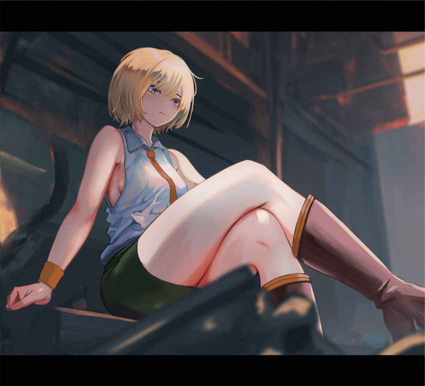 1girl blonde_hair blue_eyes boots breasts collared_shirt crossed_legs dead_by_daylight feet_out_of_frame heather_mason highres miniskirt necktie orange_necktie pencil_skirt shirt short_hair silent_hill_(series) silent_hill_3 sitting skirt sleeveless solo suzusiron sweatband