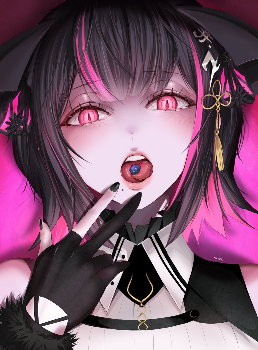 1girl absurdres aradia_ravencroft black_hair black_nails colored_inner_hair demon_horns forked_tongue gloves highres hololive hololive_english horns jailbird_(nerissa_ravencroft) kivo looking_at_viewer mole mole_under_mouth multicolored_hair open_mouth partially_fingerless_gloves pink_eyes pink_hair slit_pupils solo tongue virtual_youtuber