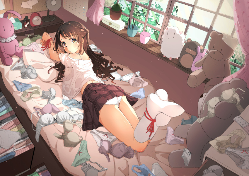 1girl ass blush bound bound_ankles bound_wrists bra bra_strap brown_skirt calendar_(object) clock commentary_request feet_up highres idolmaster idolmaster_cinderella_girls indoors kneehighs kuwahara looking_at_viewer looking_back lying messy_room on_bed on_stomach panties pillow school_uniform sexually_suggestive shimamura_uzuki shirt skirt socks solo stuffed_animal stuffed_toy too_many_bra too_many_panties underwear unworn_bra unworn_panties white_panties white_shirt white_socks window |_|