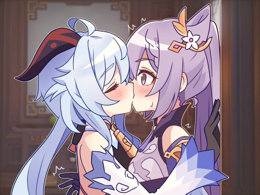 2girls ahoge bell black_gloves blue_hair blurry blurry_background blush closed_eyes commentary_request cone_hair_bun detached_sleeves ganyu_(genshin_impact) genshin_impact gloves hair_bun highres horns indoors kabedon keqing_(genshin_impact) kiss long_hair multiple_girls neck_bell purple_eyes purple_hair surprise_kiss surprised sweatdrop wu_qin_(gyxx_04) yuri