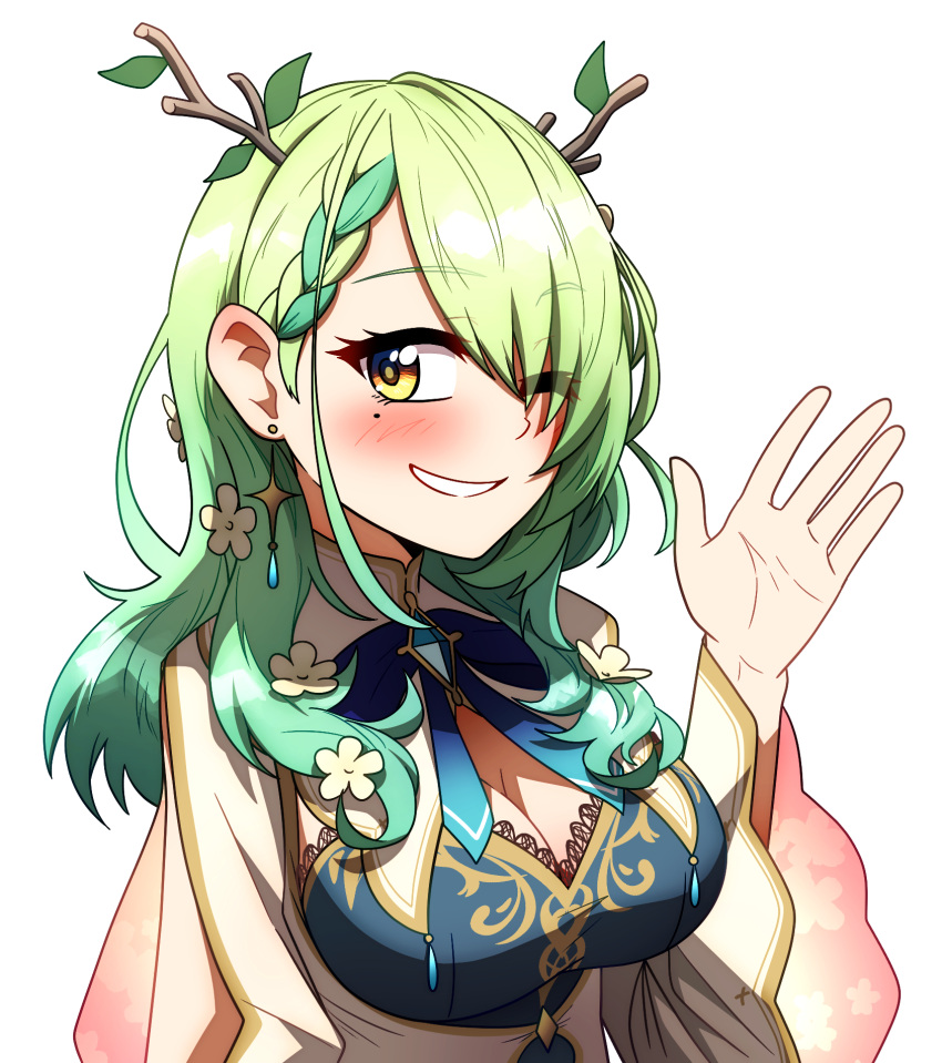 1girl antlers blue_dress blush breasts ceres_fauna ceres_fauna_(1st_costume) cleavage commentary_request ddolbang dress ear_blush earrings flower gradient_hair green_hair grin hair_flower hair_ornament highres hololive hololive_english horns jewelry korean_commentary large_breasts layered_dress long_hair looking_at_viewer mole mole_under_eye multicolored_hair simple_background smile solo streaked_hair transparent_background upper_body virtual_youtuber waving white_dress yellow_eyes