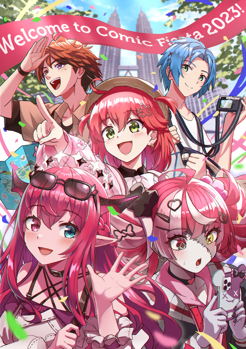 2boys 3girls absurdres blue_hair breasts brown_hair camera cellphone character_request comic_fiesta eyewear_on_head green_eyes heterochromia highres hololive irys_(hololive) koizumike map multiple_boys multiple_girls petronas_twin_towers phone pointing pointing_up red_hair regis_altare ribbon sakura_miko small_breasts smartphone waving yellow_eyes