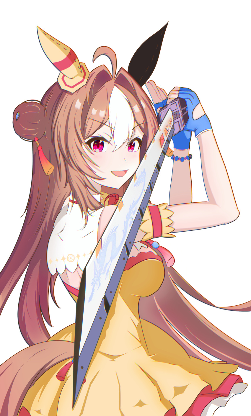 1girl absurdres animal_ears apex_legends blue_gloves borrowed_weapon breasts copano_rickey_(umamusume) dress durumi_blade ear_covers english_commentary fingerless_gloves from_side gloves hair_between_eyes hair_bun hair_ornament highres holding holding_sword holding_weapon horse_ears horse_girl long_hair looking_at_viewer mao_ying_langji medium_breasts mismatched_ear_covers multicolored_hair open_mouth red_eyes single_side_bun smile solo streaked_hair sword tassel tassel_hair_ornament umamusume very_long_hair weapon white_background white_hair yellow_dress
