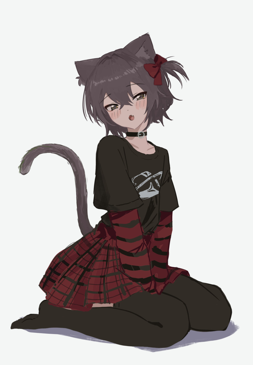 1girl :o absurdres arms_between_legs black_choker black_shirt black_thighhighs blush bow brown_hair cat_girl cat_tail choker collarbone crossed_bangs dot_nose fang full_body grey_eyes hair_between_eyes hair_bow head_tilt high-waist_skirt highres kgt_(pixiv12957613) layered_shirt long_sleeves looking_at_viewer miniskirt no_shoes open_mouth original plaid plaid_skirt pleated_skirt print_shirt red_bow red_shirt red_skirt shirt short_hair short_sleeves sidelocks simple_background sitting skin_fang skirt solo striped_clothes striped_shirt tail thighhighs wariza white_background