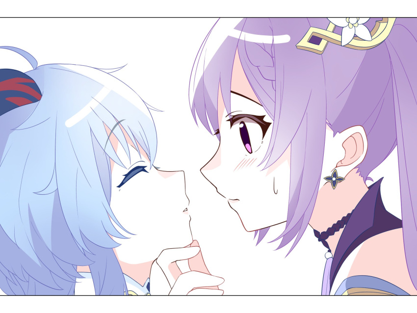 2girls blue_hair braid closed_eyes commentary_request earrings ganyu_(genshin_impact) genshin_impact hand_on_another's_chin highres horns imminent_kiss jewelry keqing_(genshin_impact) long_hair looking_at_another multiple_girls parted_lips purple_eyes purple_hair side_braid simple_background sweatdrop twintails white_background wu_qin_(gyxx_04) yuri