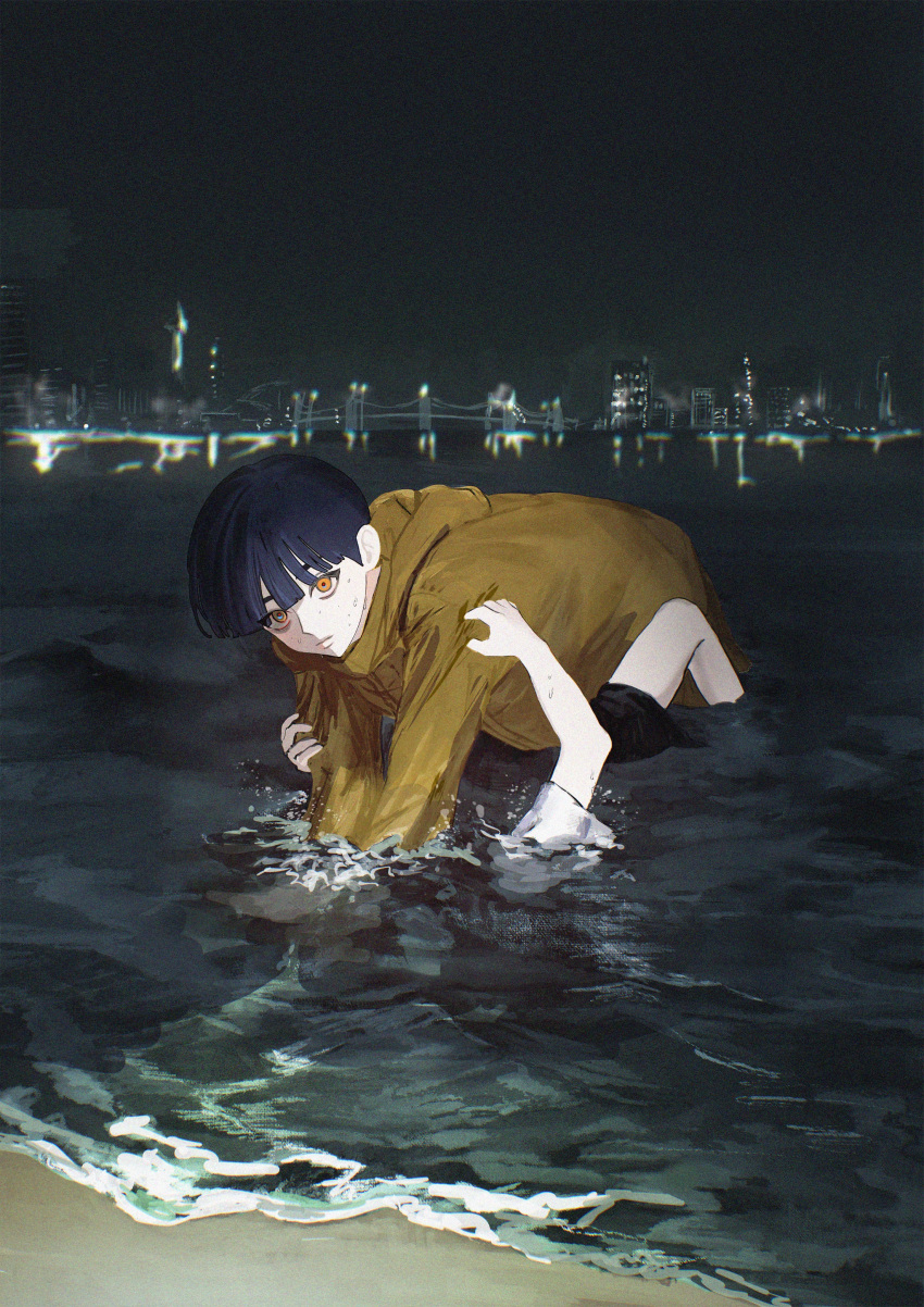 1boy 1other absurdres ambiguous_gender asphyxiation beach black_hair blank_stare bowl_cut city_lights closed_mouth drowning empty_eyes expressionless hand_on_another's_arm highres hood hood_down hooded_coat kneeling long_sleeves looking_at_viewer murder night original outdoors partially_submerged riroi_(rntr_ll) shirt short_hair skyline strangling struggling t-shirt wading water white_shirt yellow_eyes yellow_raincoat